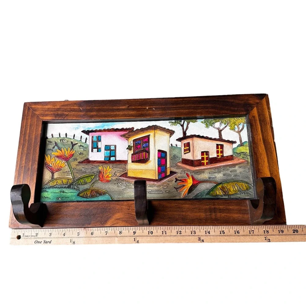 Mexican Coat Hook Wall Hanging 19x10 Inch Folk Art Painting‎ Wood Village Homes